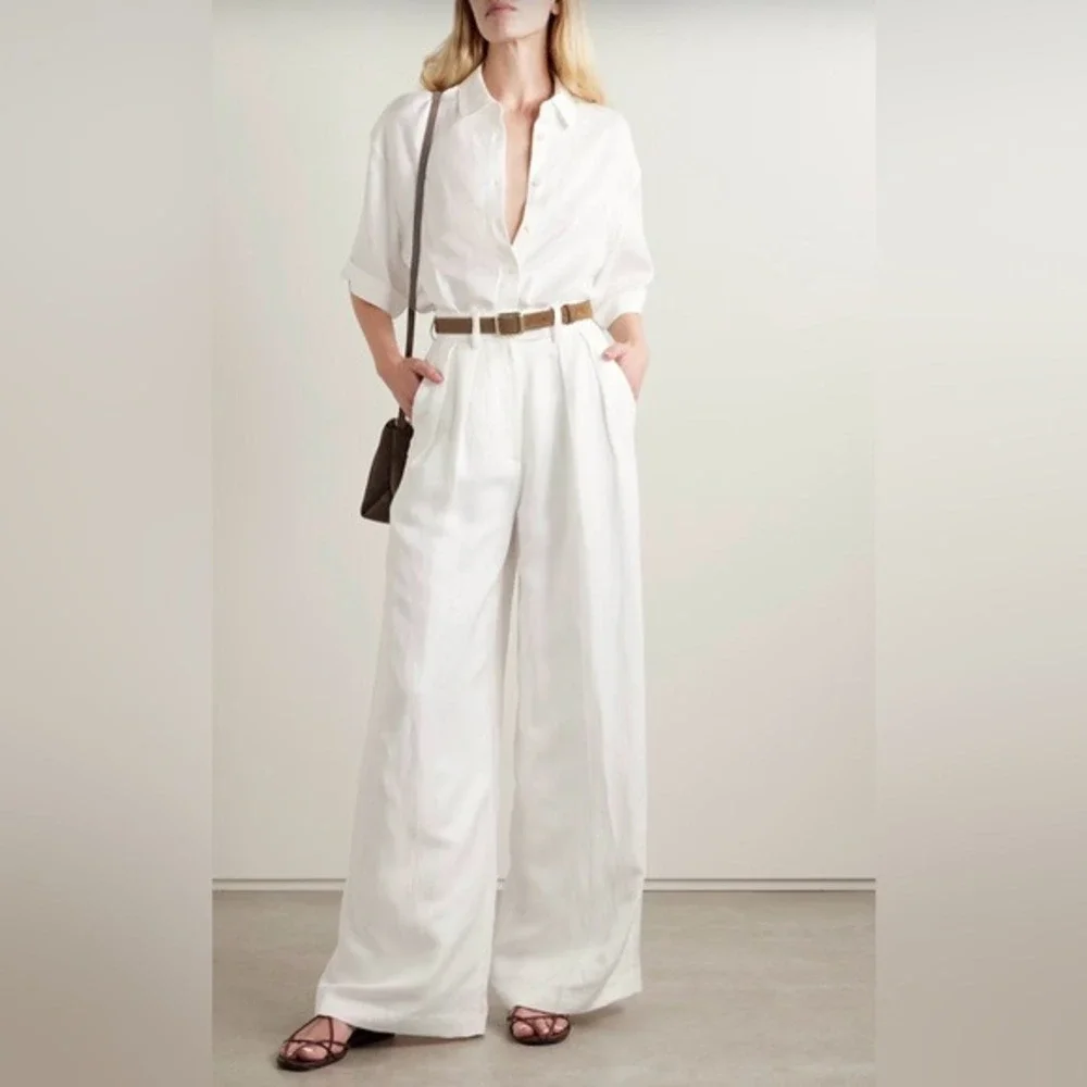 ANINE BING Lou pleated woven wide-leg pants Ivory‎ white Linen Blend size 2 NWT